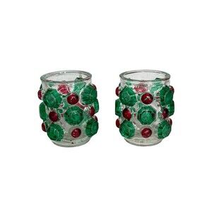 Vintage Japan Christmas Jewel Glass Votive Candle Holders Set 2 Country Store